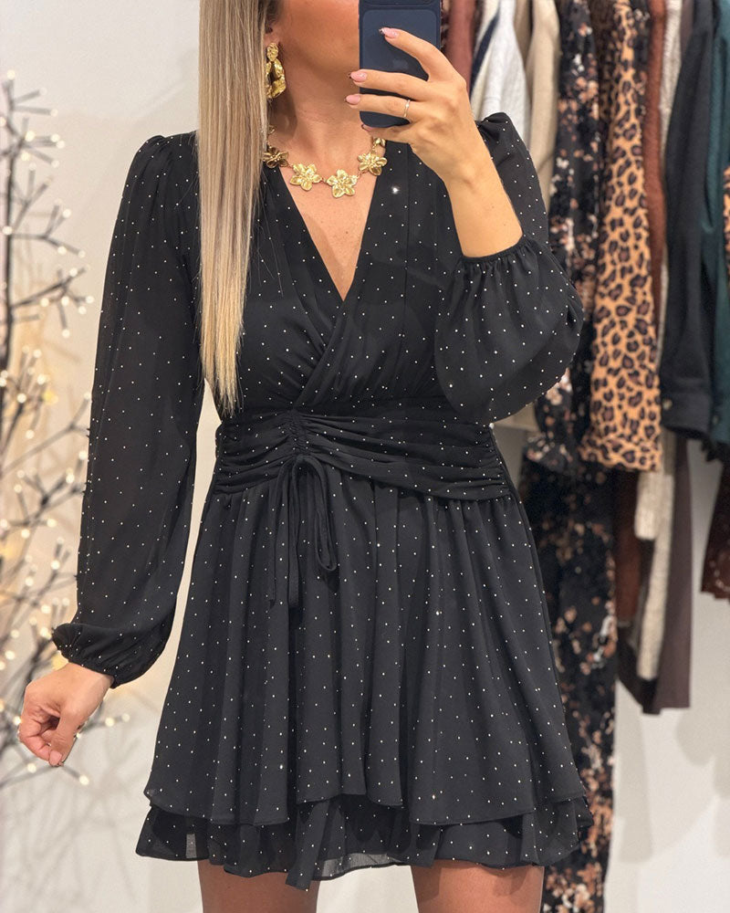 V-Neck Puff Sleeve Long-Sleeved Dress