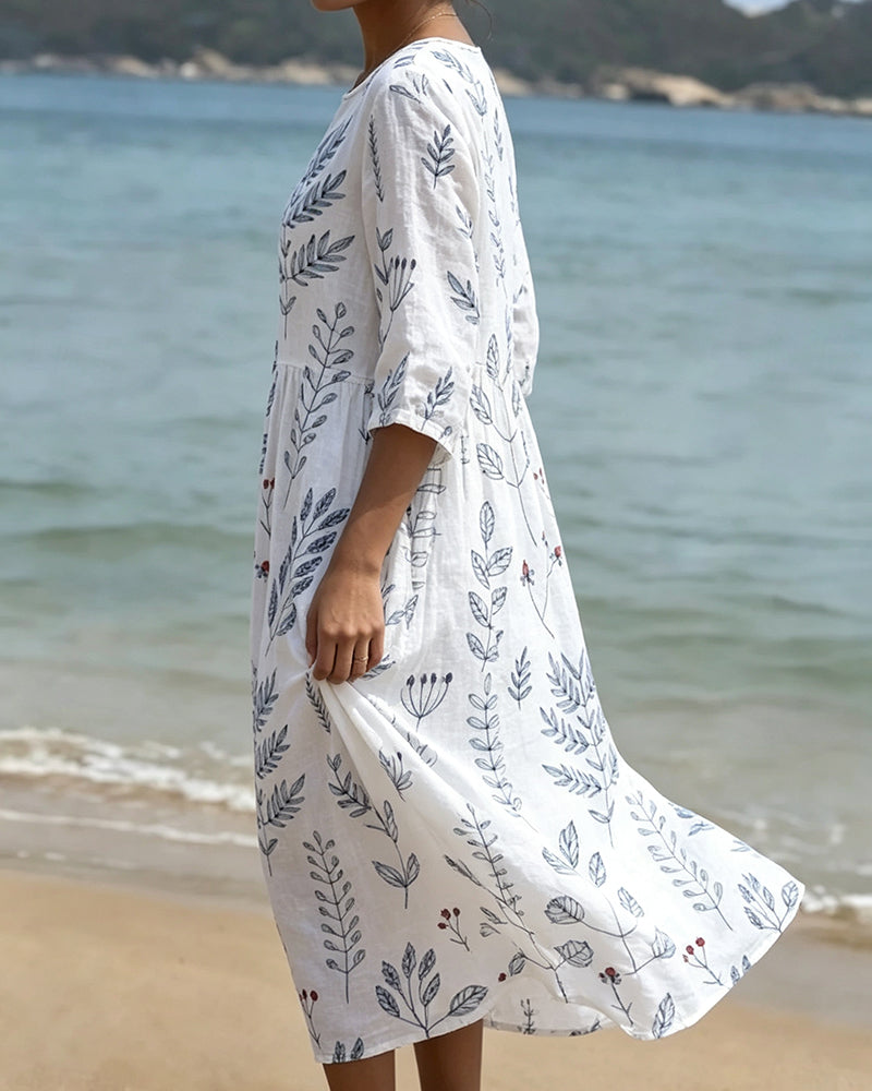 Short Sleeve Crew Neck Leaf Print Dress