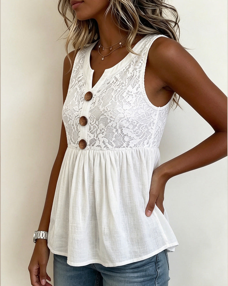 Solid V‑Neck Lace‑Panel Button‑Front Top