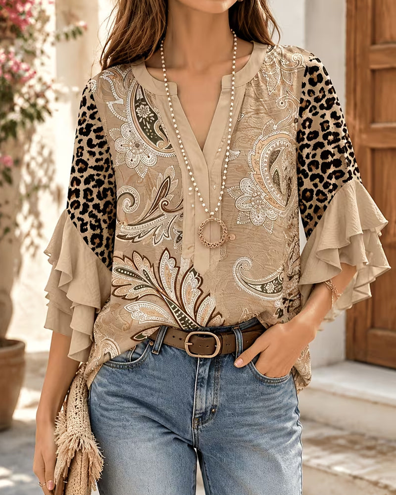 Leopard Print Panel Ruffle Sleeve Blouse