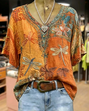 Vintage Dragonfly Print Casual Blouse