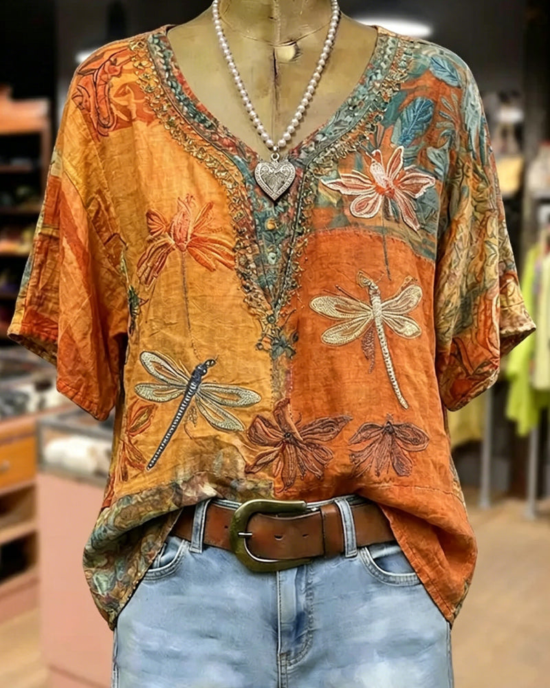 Vintage Dragonfly Print Casual Blouse