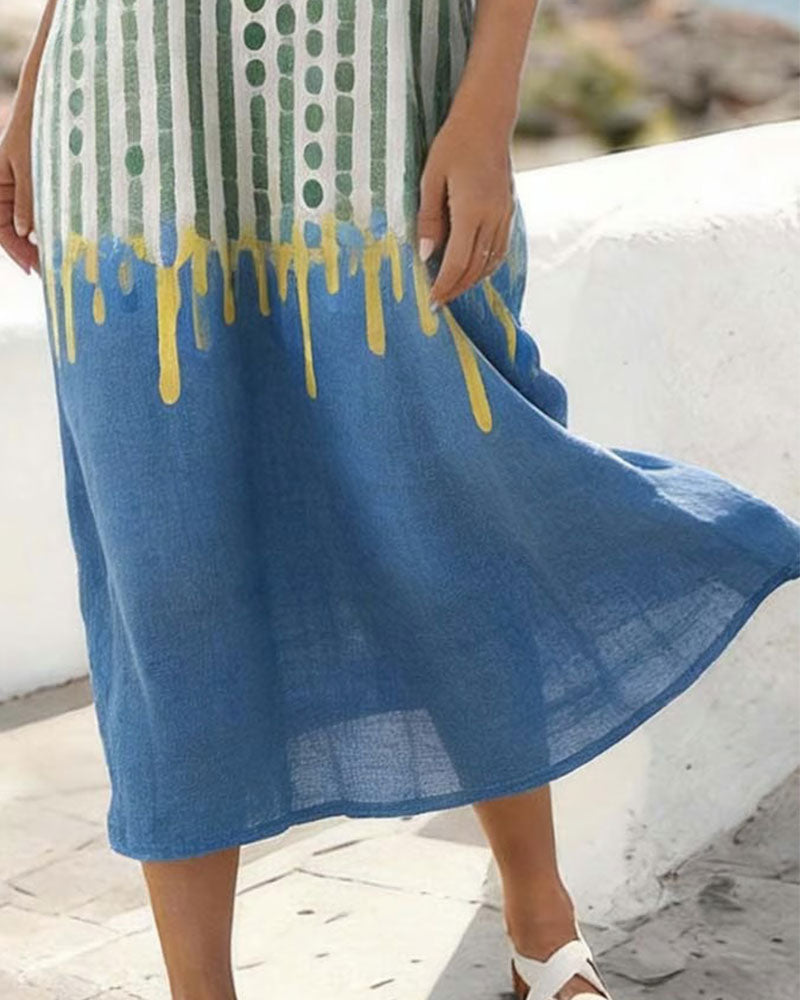 V-Neck Polka Dot Stripe Contrast Color Dress