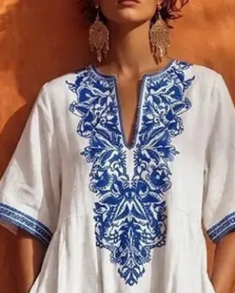 V-Neck Bohemian Full Skirt Pocket Dress