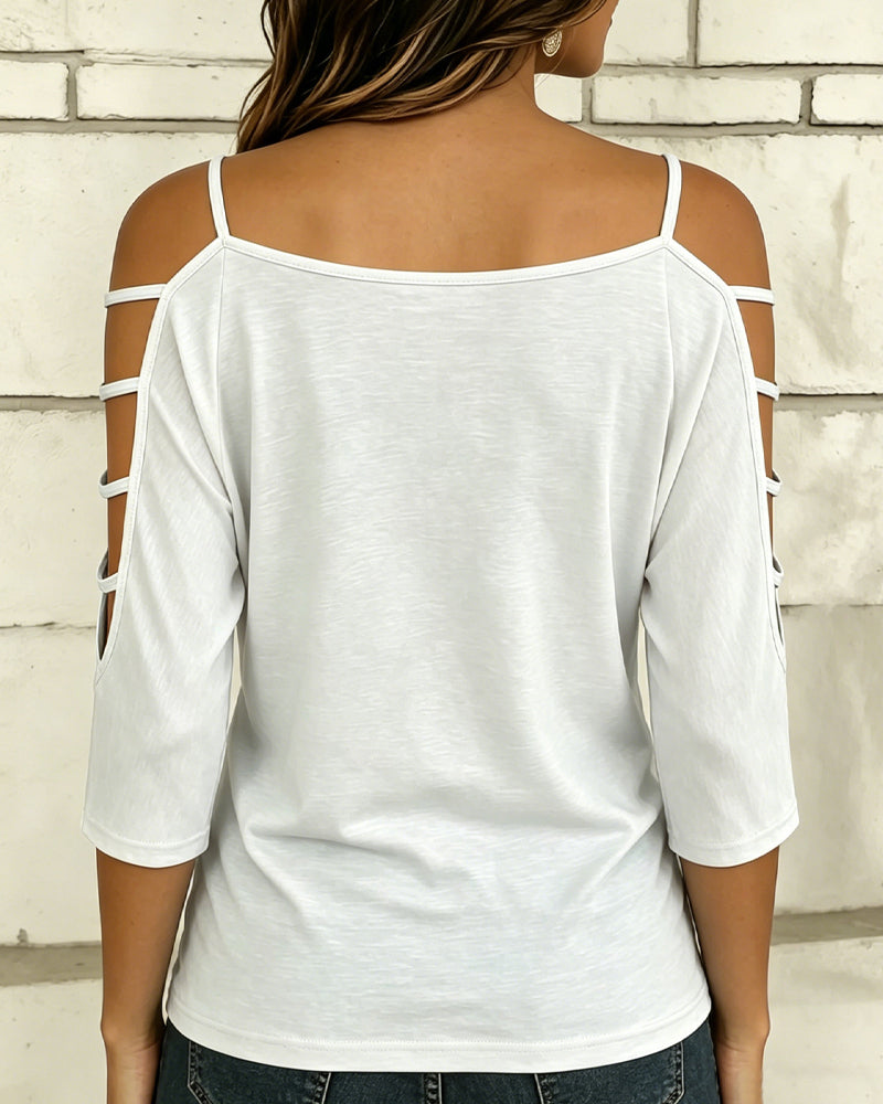 Solid Color Elbow-Length Sleeve Off-Shoulder T-Shirt