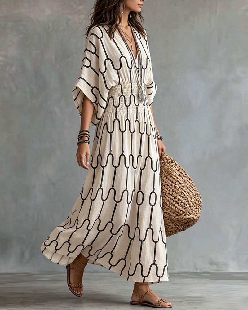 V-Neck Geometric Pattern A-Line Dress