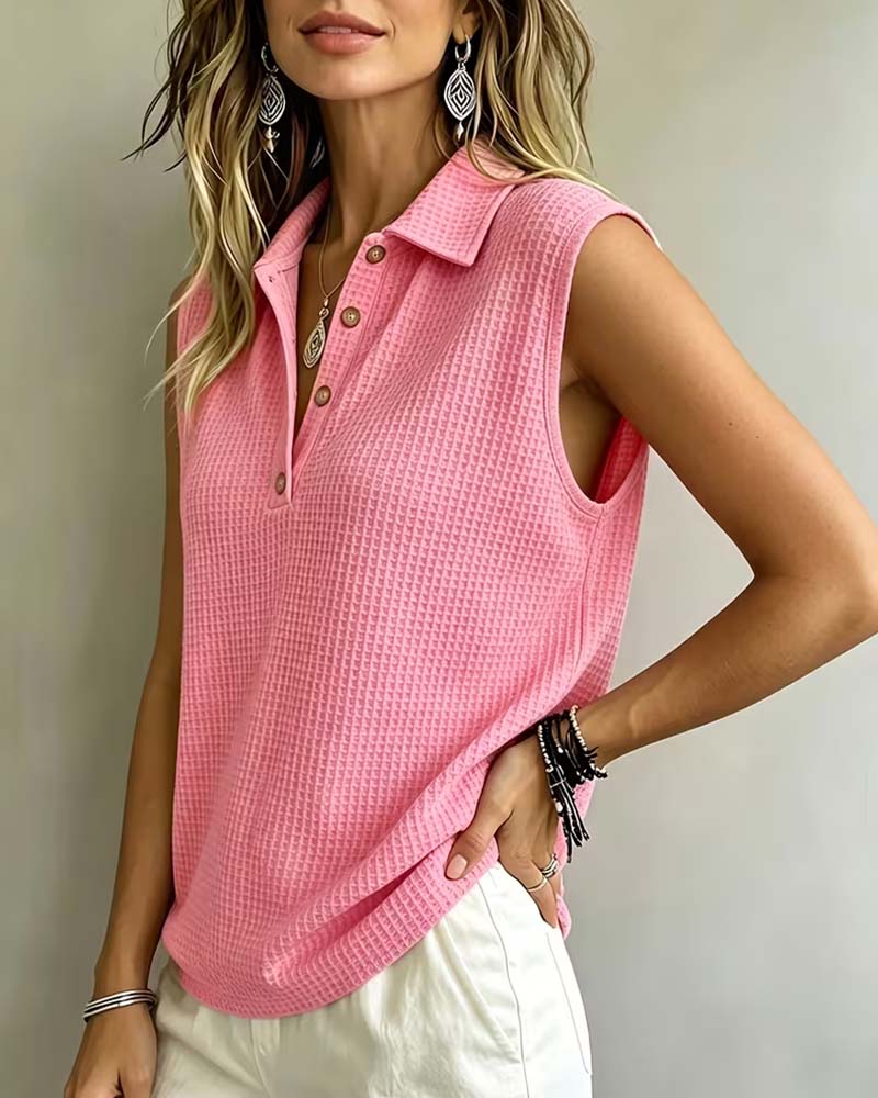 Sleeveless Polo Collar Waffle Tank Top