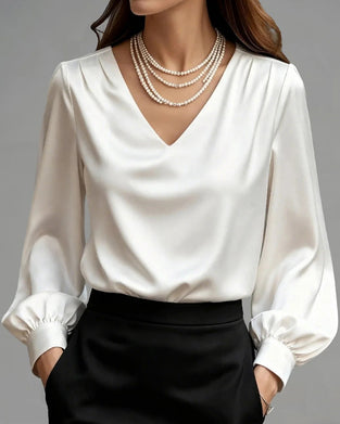 V-Neck Puff Sleeve Solid Color Blouse