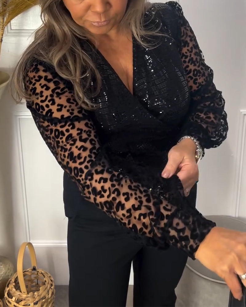 V-Neck Leopard Print Mesh Sequined Patchwork Top