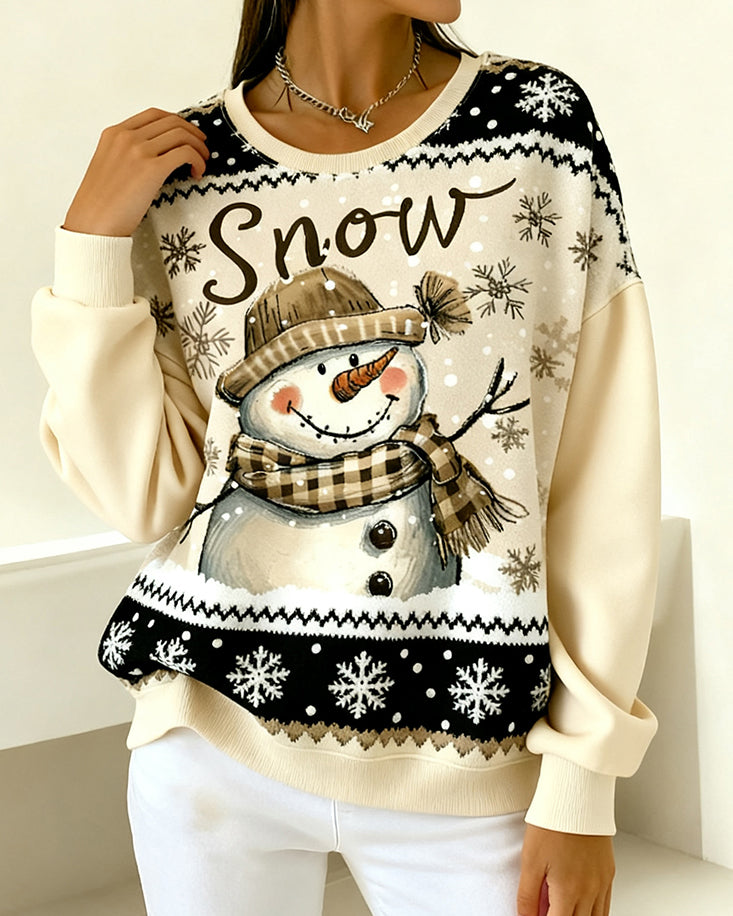 Long-Sleeved Snowman Print Casual Sweatshirt