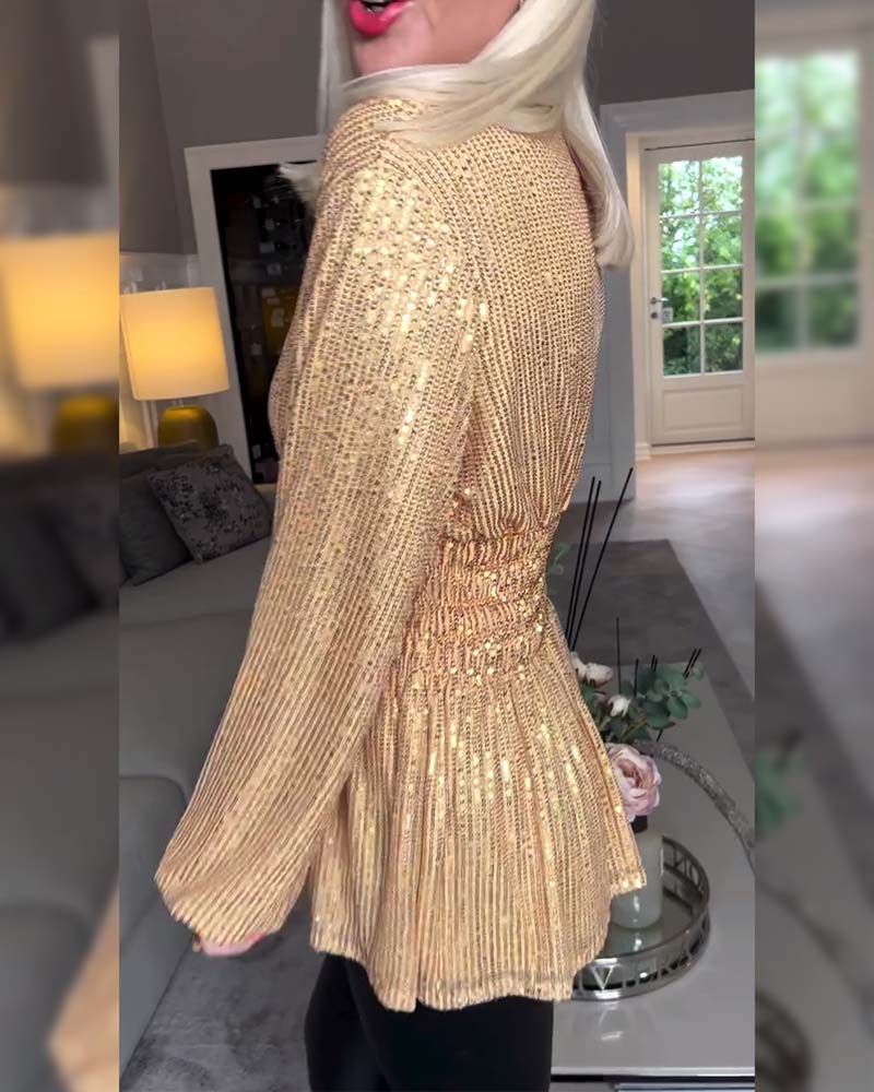 V-Neck Fitted Waist Solid Color Blouse