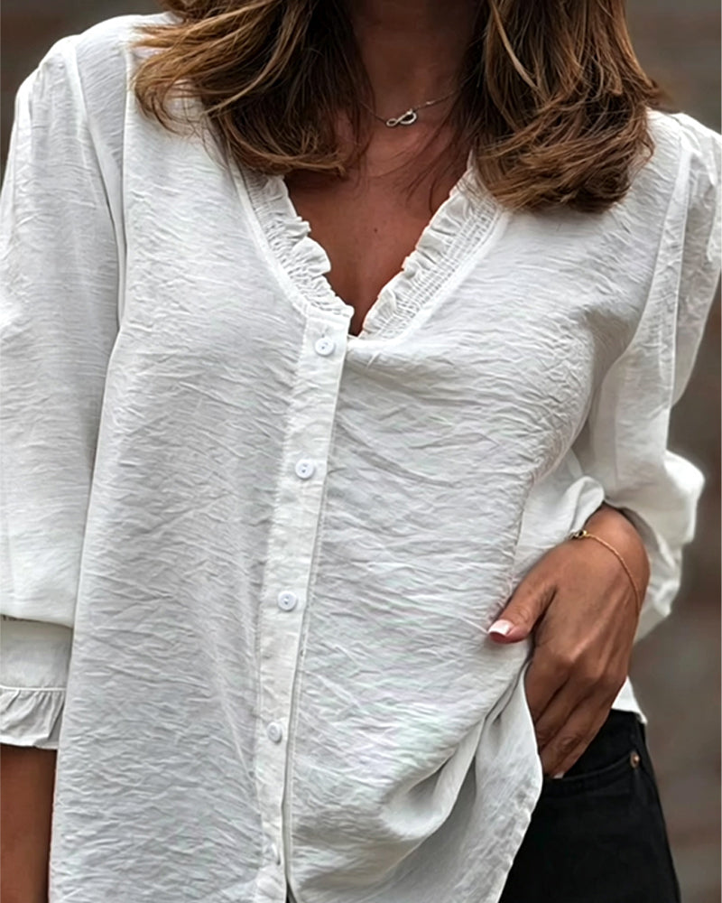 V-Neck Button Front Ruffle Puff Sleeve Blouse