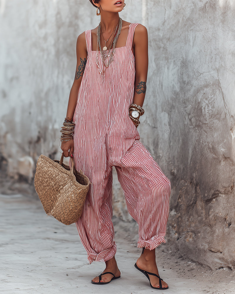 Wide Strap Striped Overalls Jumpsuit