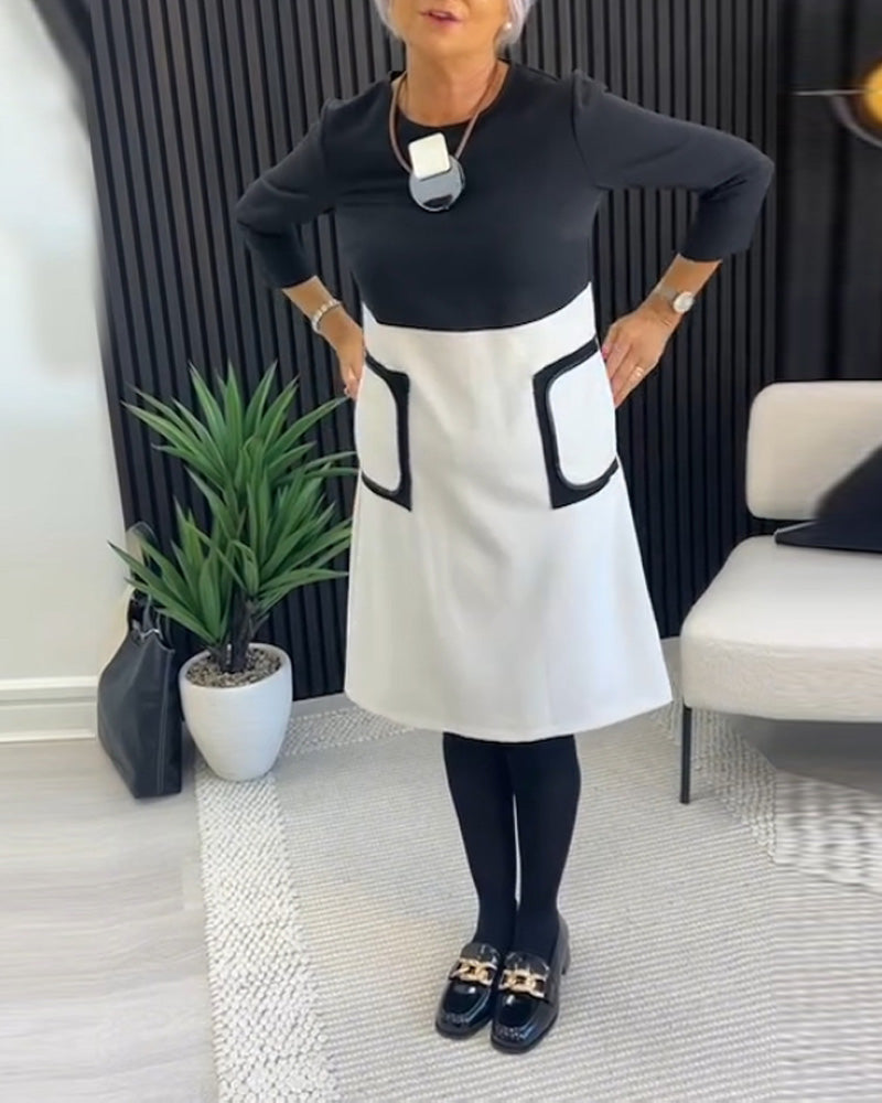 Casual contrast colour crew neck pocket dress