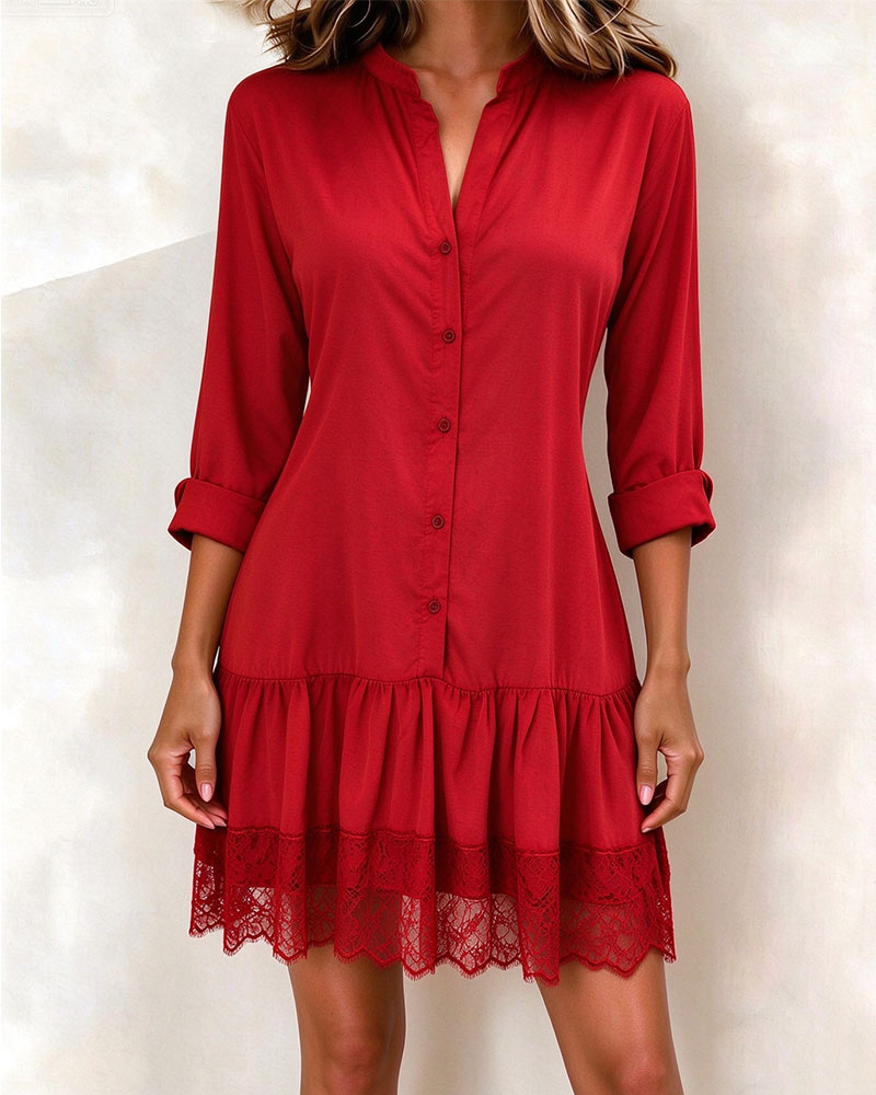 Stand Collar Patchwork Lace Hem Dress