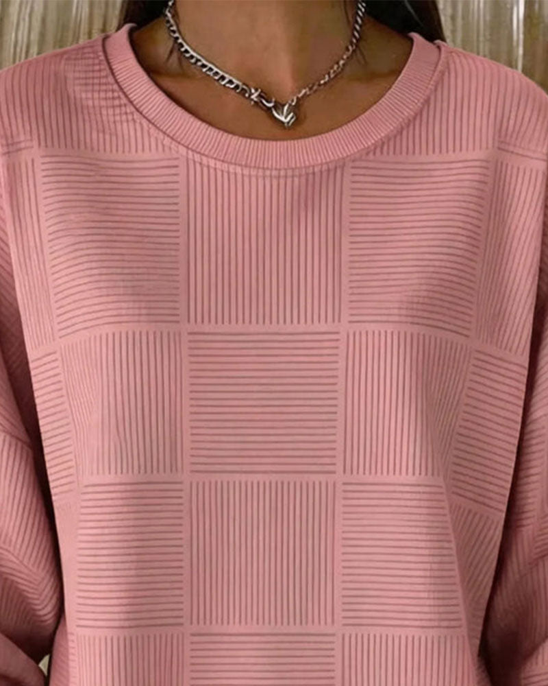 Grid Texture Long Sleeve Solid Pullover Sweatshirt