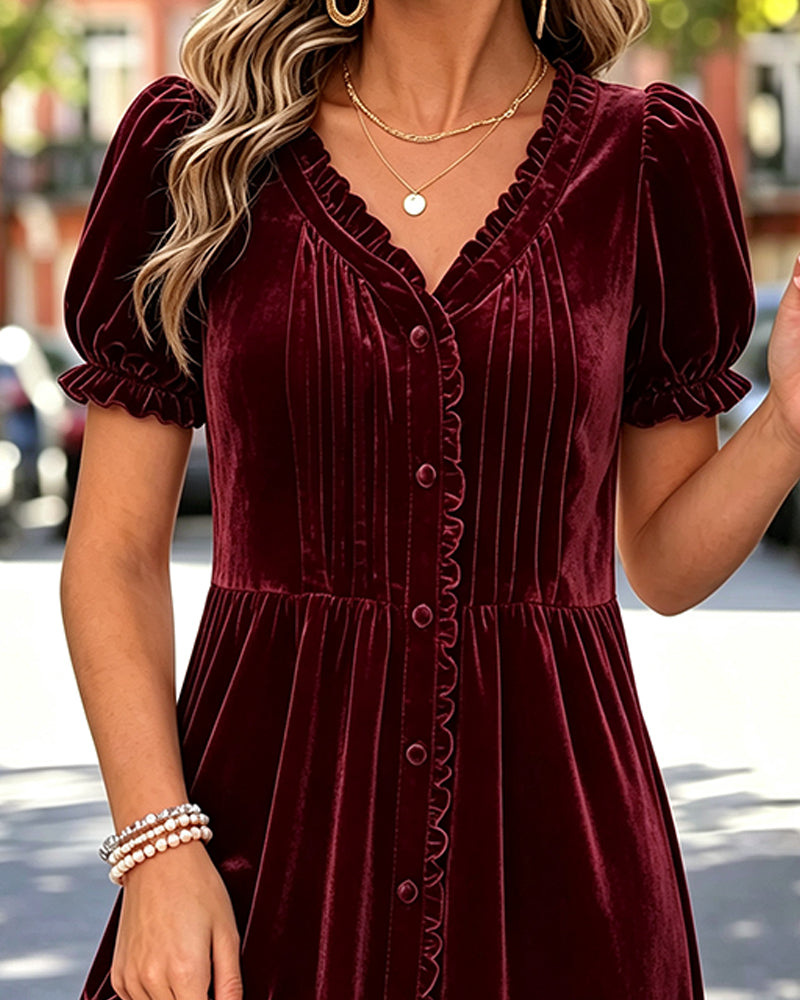 V-Neck Bubble Sleeve Shirred Dress