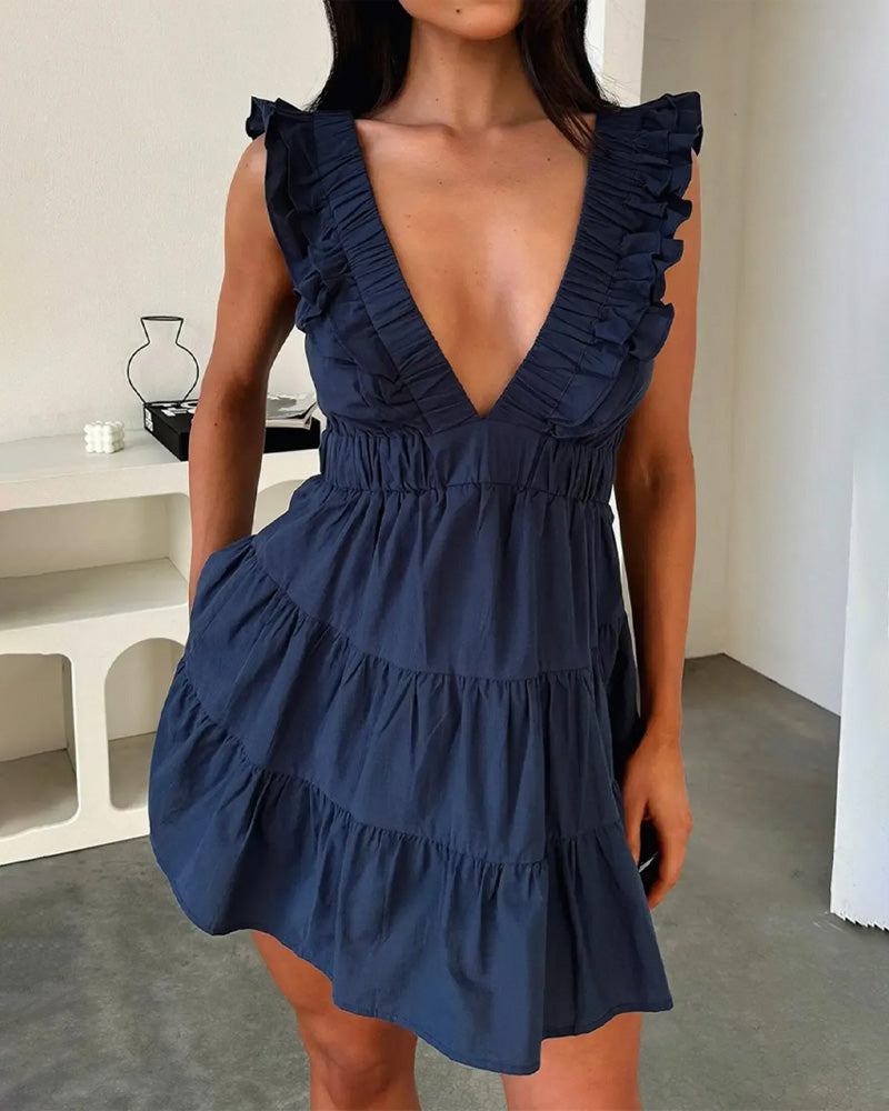 V-Neck Ruffle Patchwork Flutter Sleeve Dress