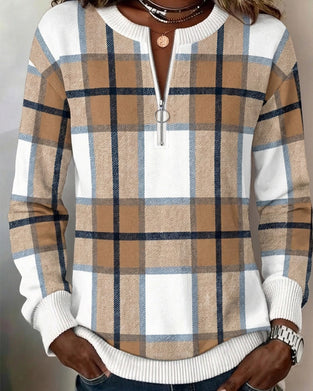Plaid Half-Zip Crewneck Pullover Sweatshirt