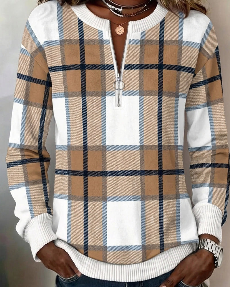 Plaid Half-Zip Crewneck Pullover Sweatshirt