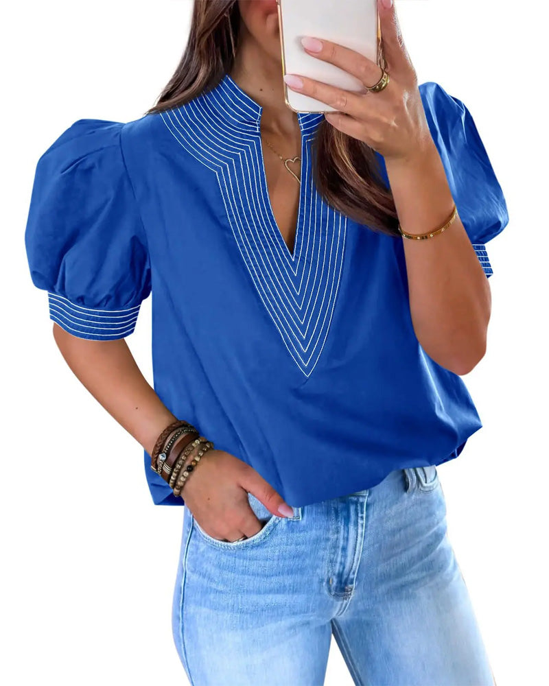 V-Neck Bubble Sleeve Striped Blouse