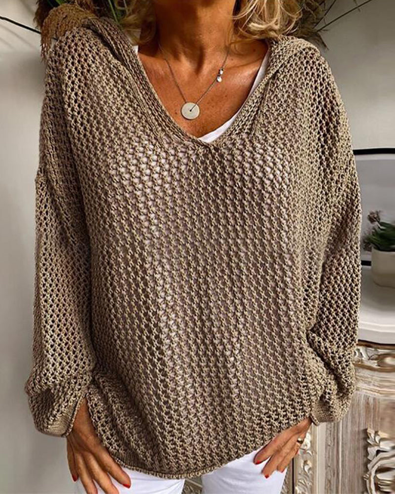 Dames Crochet Hollow Out Hooded Long Sleeve Tops