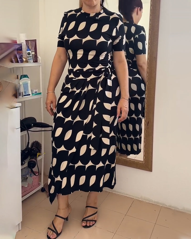 Geometric Print Short-Sleeved Bodycon Dress