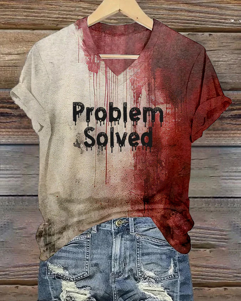 Women's V-neck T-shirt with "Bloody Problem Solved" Halloween print