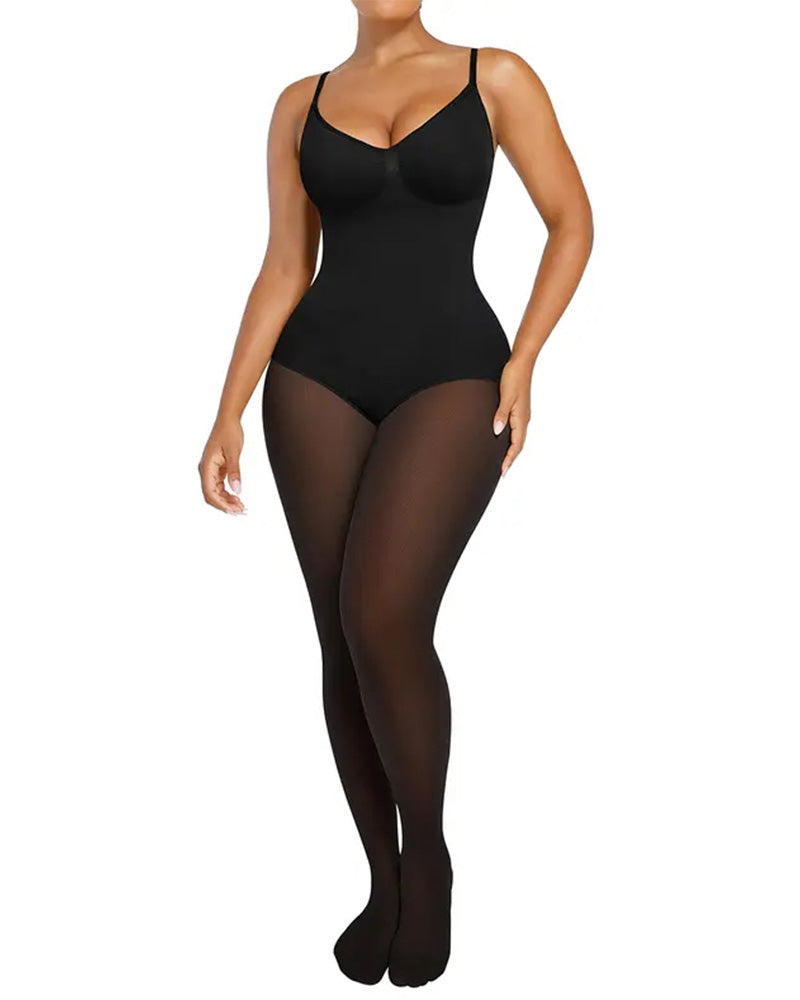 Sheer-Panel with Fleece Lined Tights Stay-Warm Tummy Control Sheer Effect Tights Bodysuit