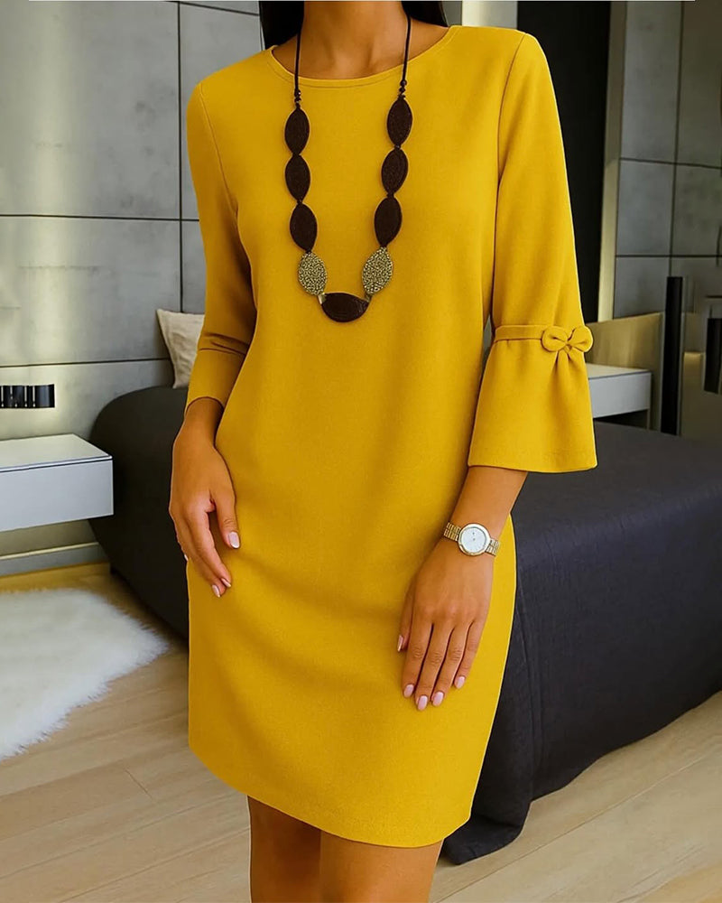 Solid Color Flared Three-Quarter Sleeve Dress