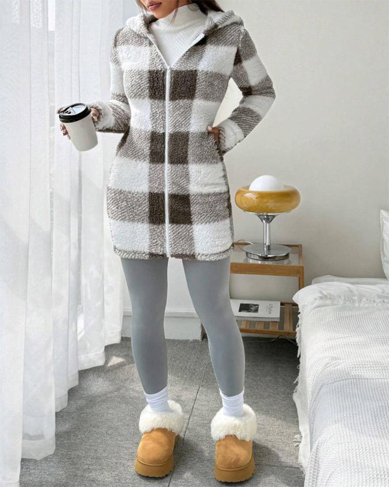 Women's Plaid Fleece Long Sleeve Hooded Coat
