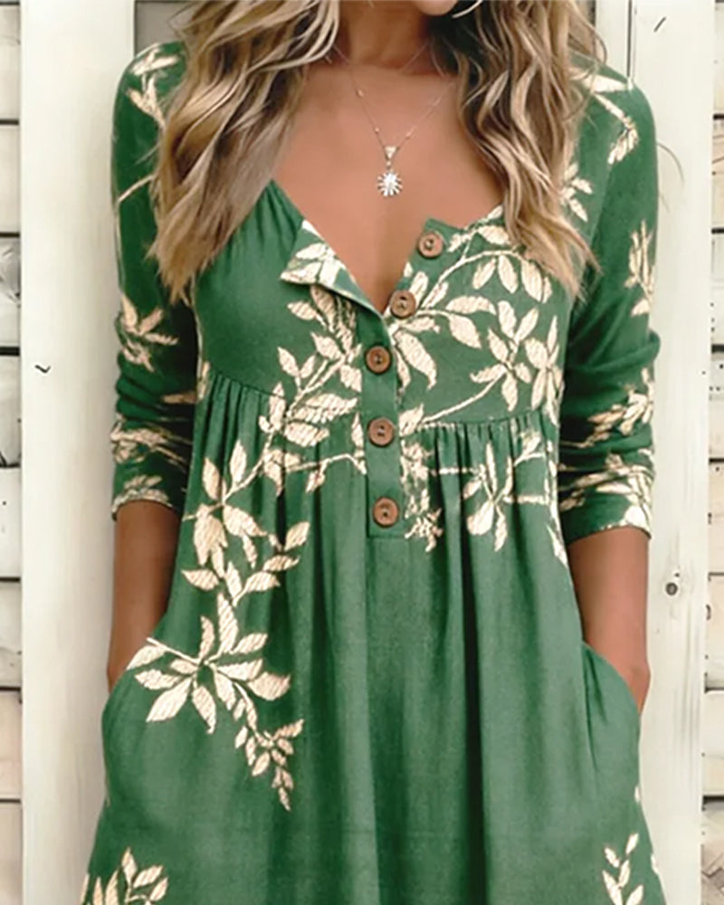 Botanical Print Button Shirred Dress
