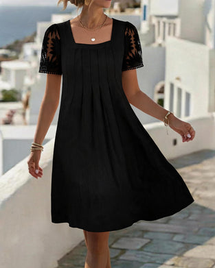 Square Neck Solid Lace Patchwork High Waist Dress
