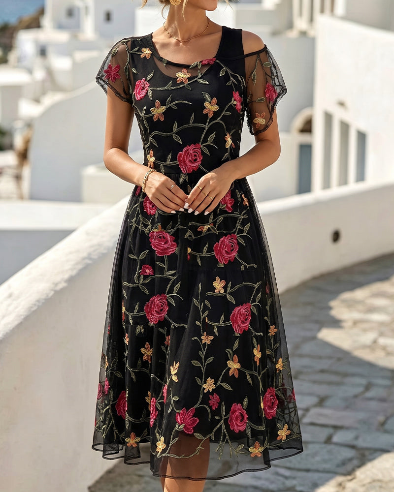 Floral-Print Crew Neck Sheer A-Line Dress