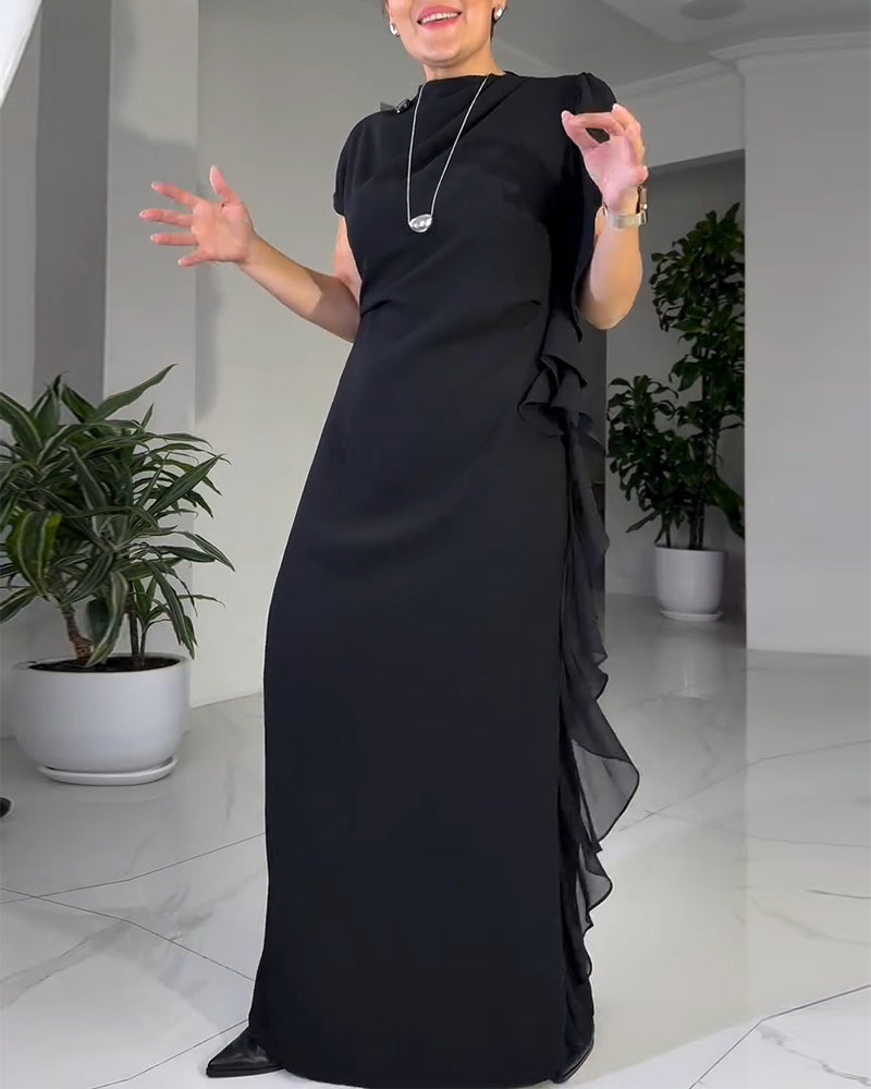 Solid Color Fashionable Ruffle Design Dress