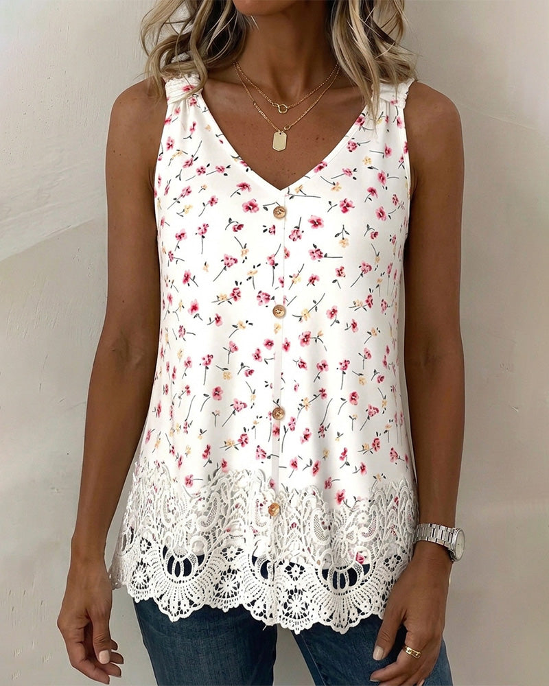 V-Neck Spaghetti Strap Floral Lace Patchwork Tank Top