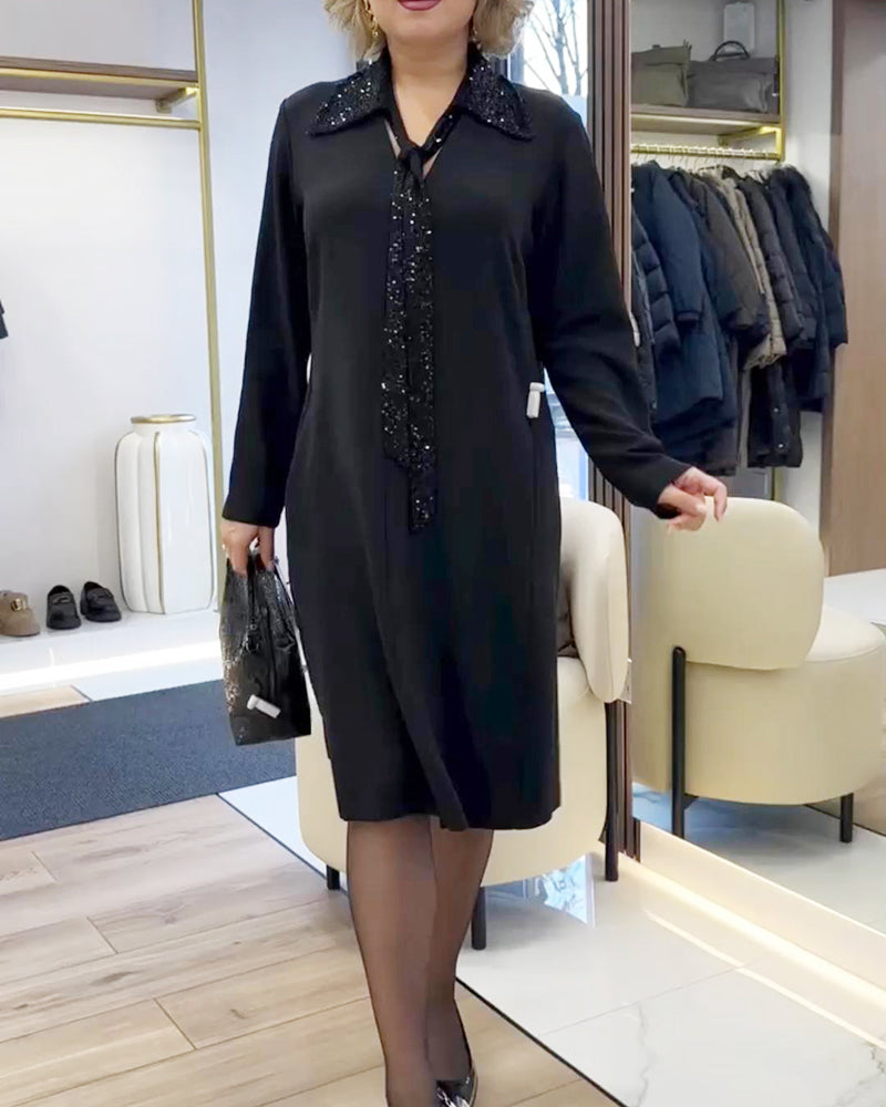 Long-Sleeved Collared Patchwork Dress