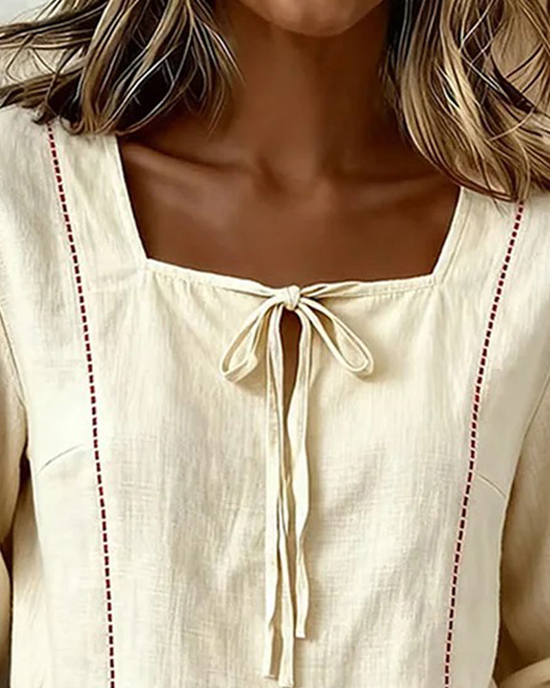 Square Neck Tie Front Loose Fit Blouse