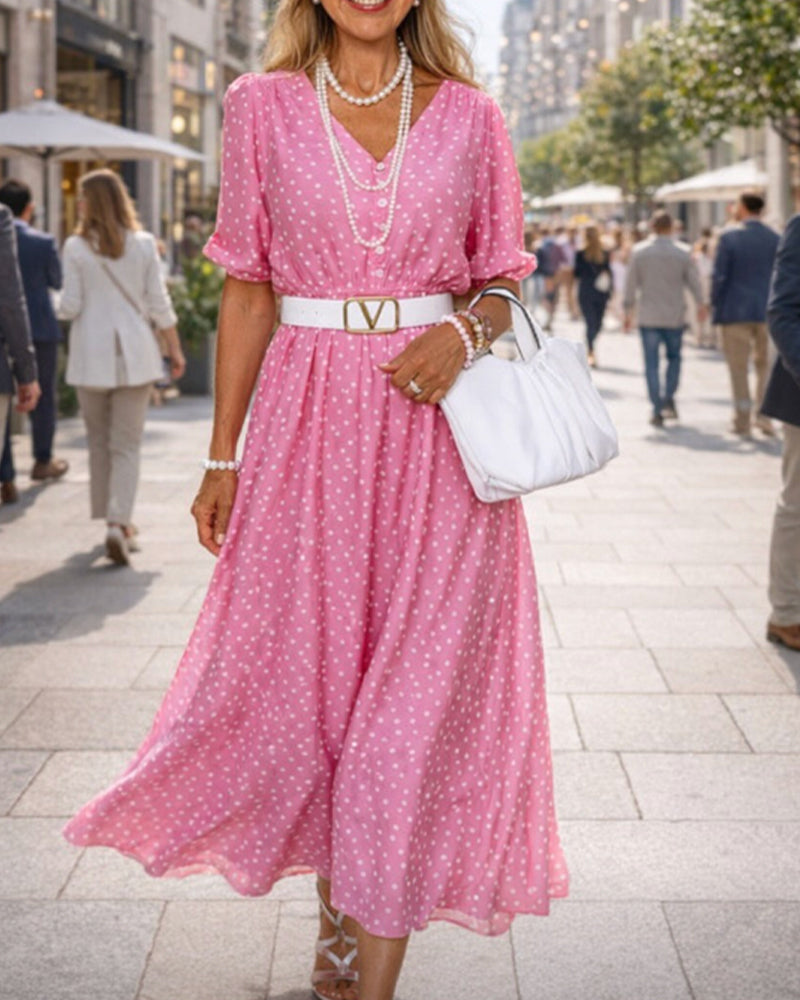 V-Neck Button Polka Dot Fitted Waist Dress