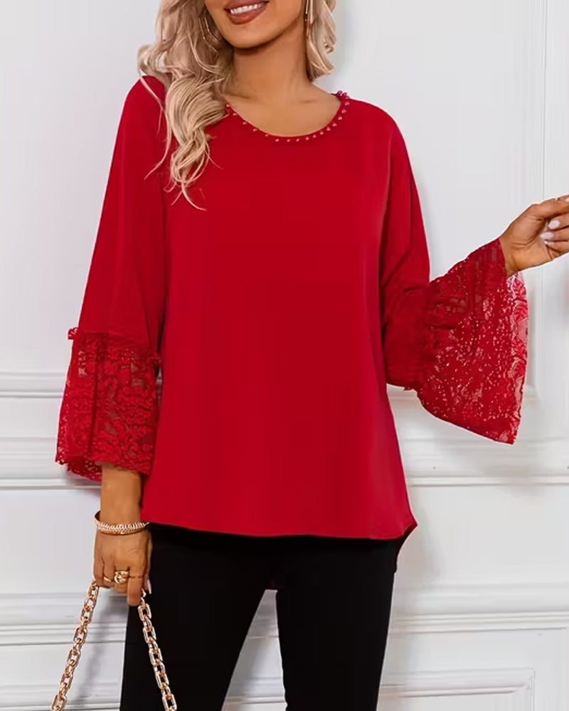 Lace Bell Sleeve Crew Neck Blouse