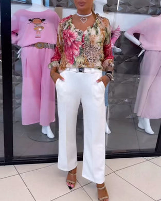 V-Neck Floral Print Blouse