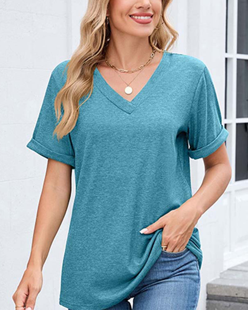 Solid V-Neck Casual Short Sleeve T-Shirt