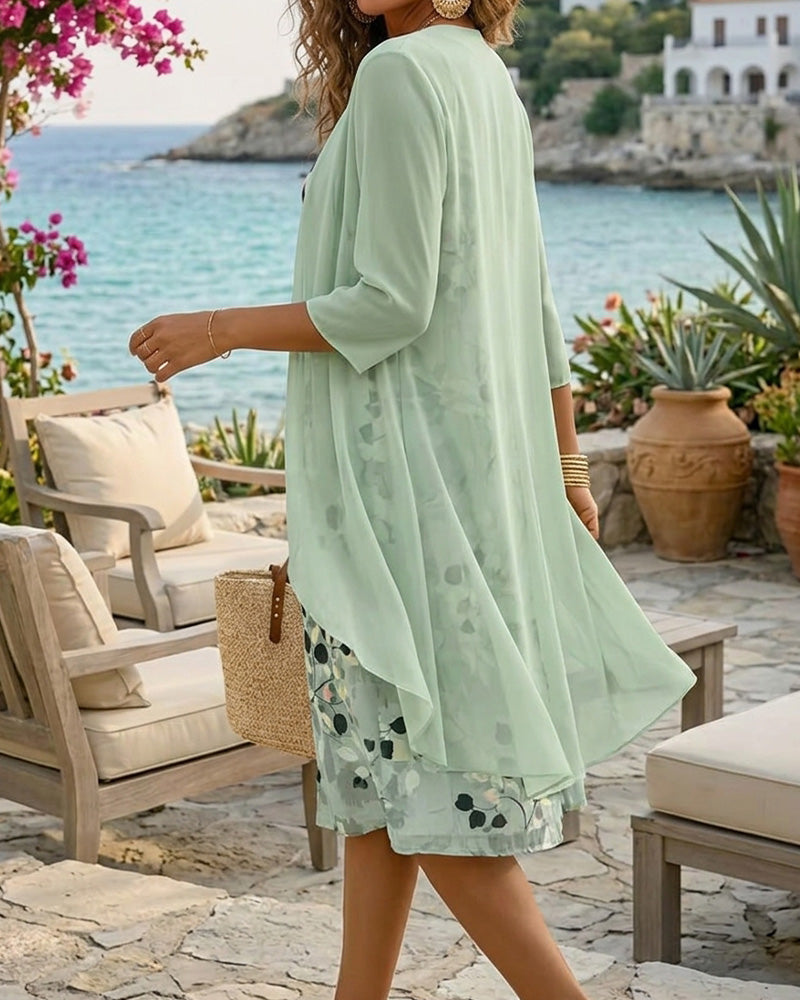 Ink Green Leaf Sleeveless Dress Cover Up Set
