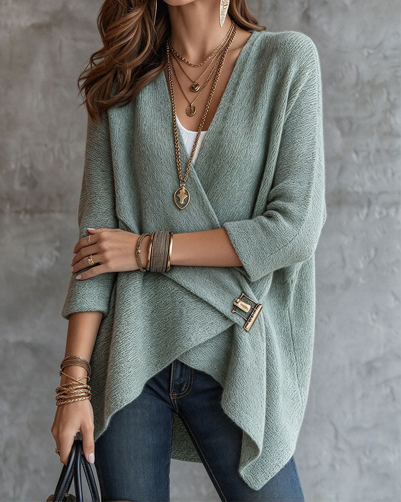 V-Neck Cross Metal Button Asymmetrical Sweater