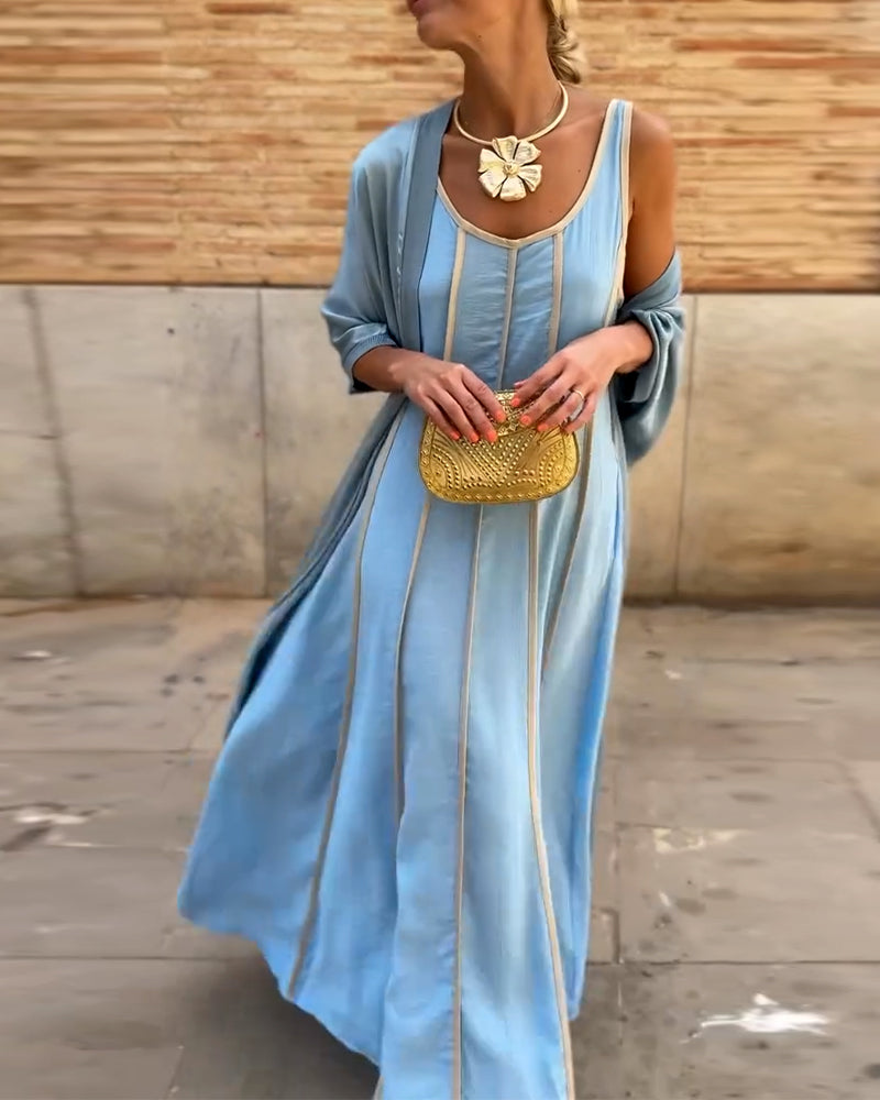 Printed Round Neck Long Dress Casual Top Two Piece Set