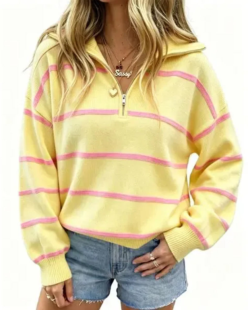 Lapel Zipper Striped Dropped Shoulder Pullover