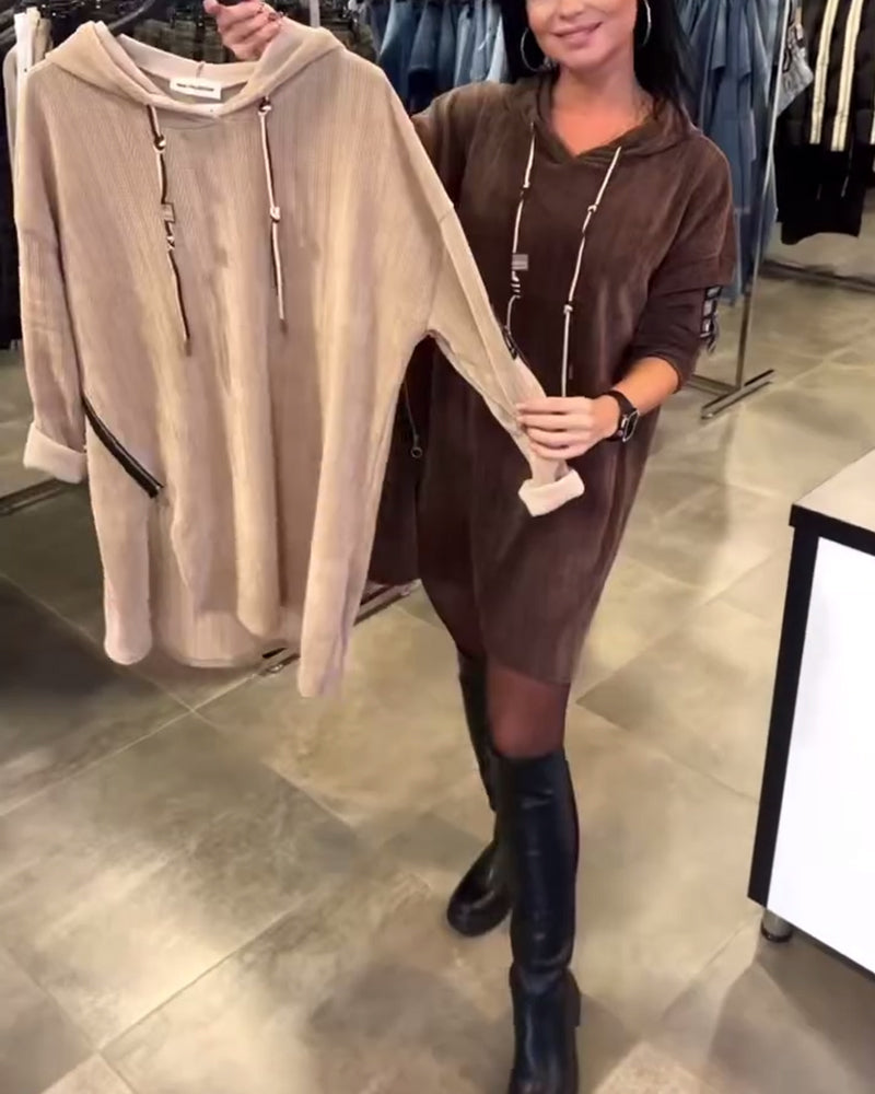 Solid Color Long-Sleeved Hooded Dress