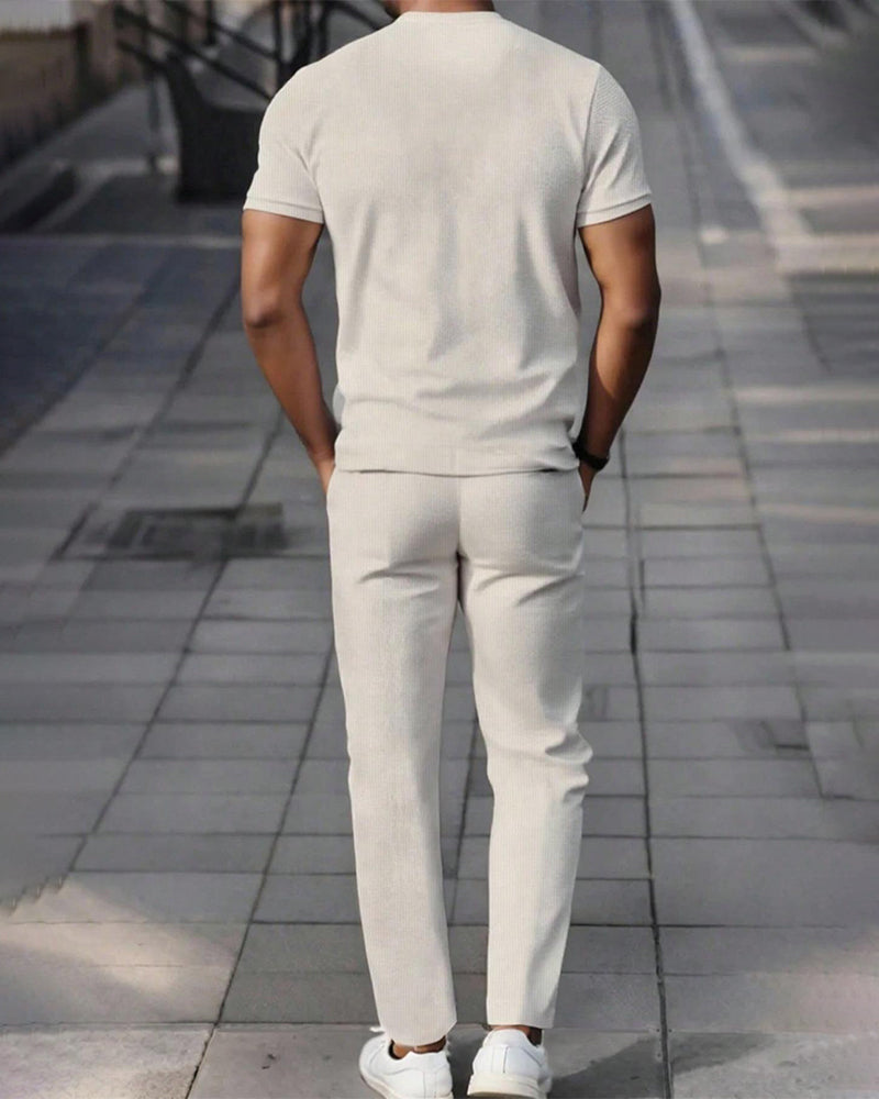 Crewneck Solid Color Drawstring Men's Set