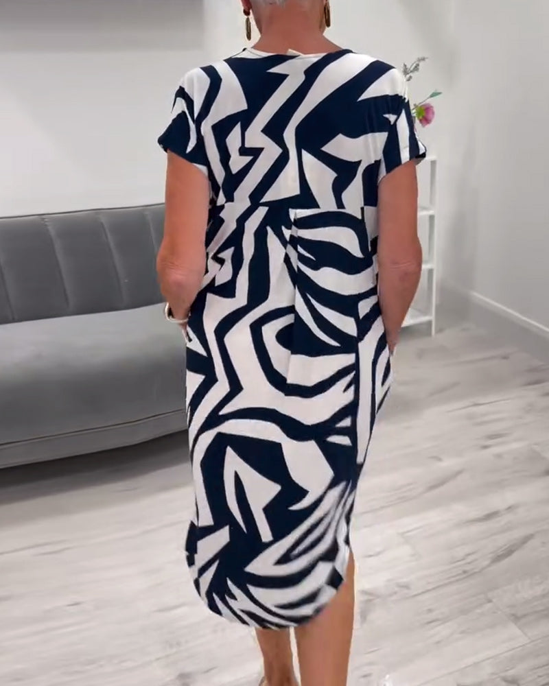 V-neck short-sleeved printed dress