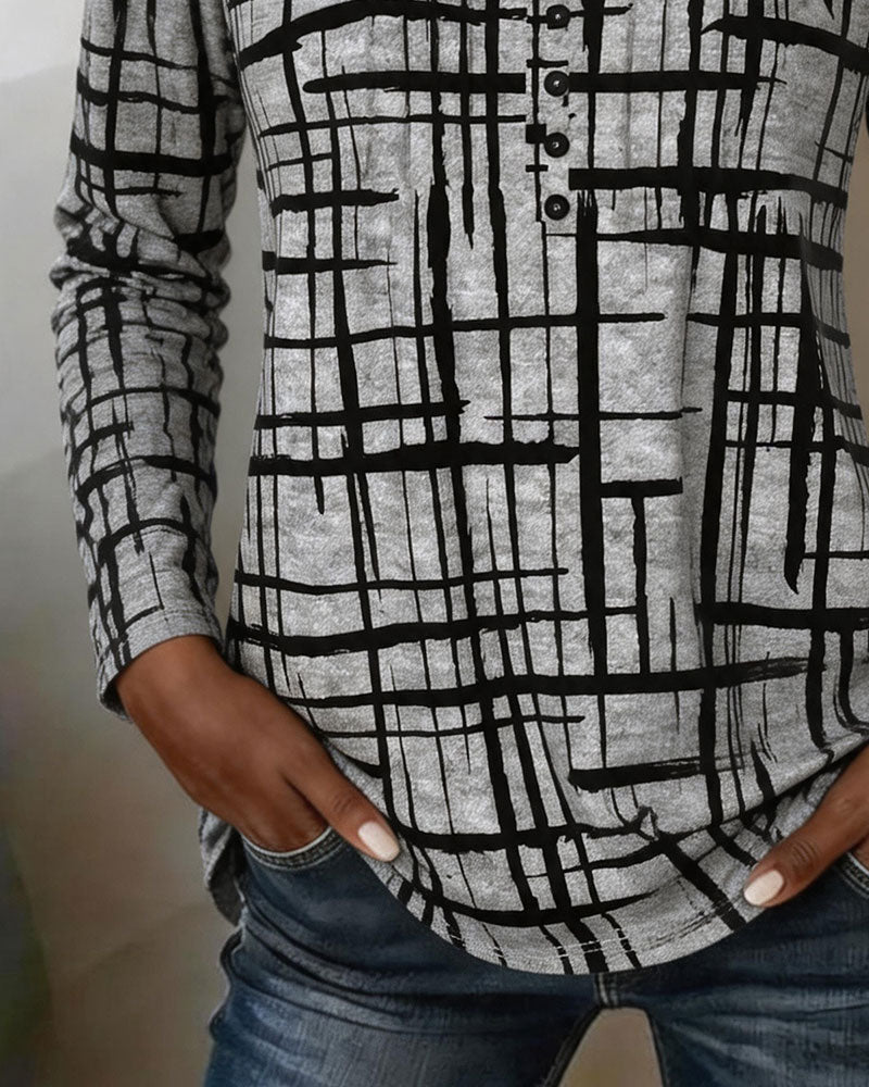 V-Neck Button Plaid Color Block Long Sleeve Top